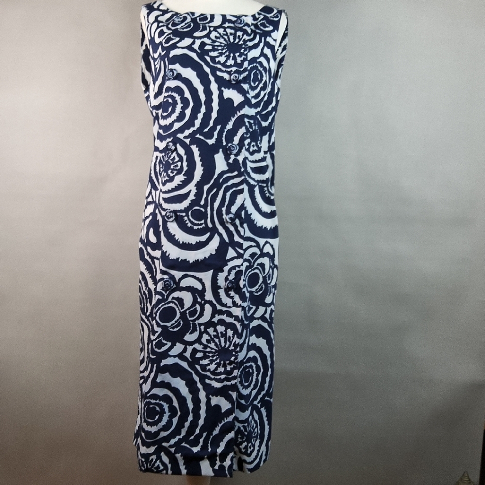 NICOLE FARHI Wmns Designer Sz 10 Cotton Patterned Dress Shift Blue White Floral